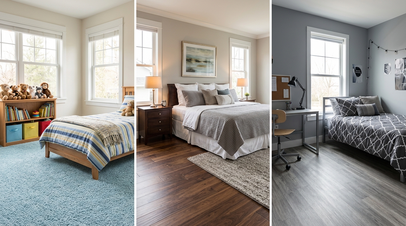 Trois chambres côte à côte avec moquette, parquet en bois et sol vinyle gris