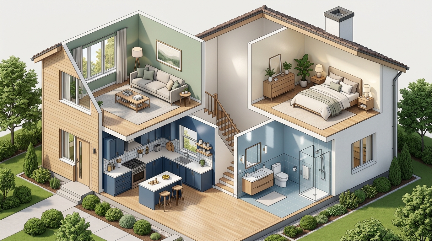 Illustration isométrique d'une maison en coupe avec quatre pièces aux finitions de peinture différentes Illustration isométrique d'une maison en coupe avec quatre pièces aux finitions de peinture différentes