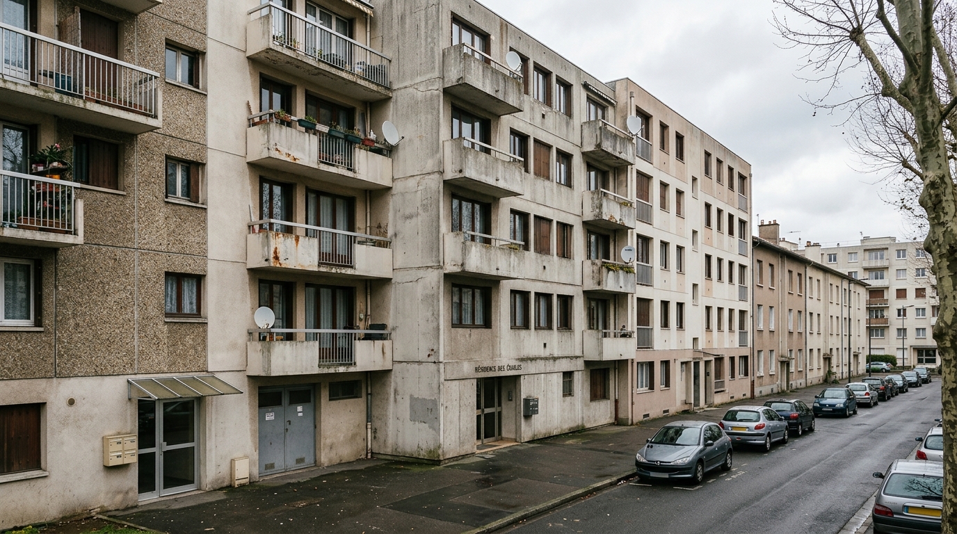 Rangée d'immeubles résidentiels des années 1970 et 1980 aux façades usées