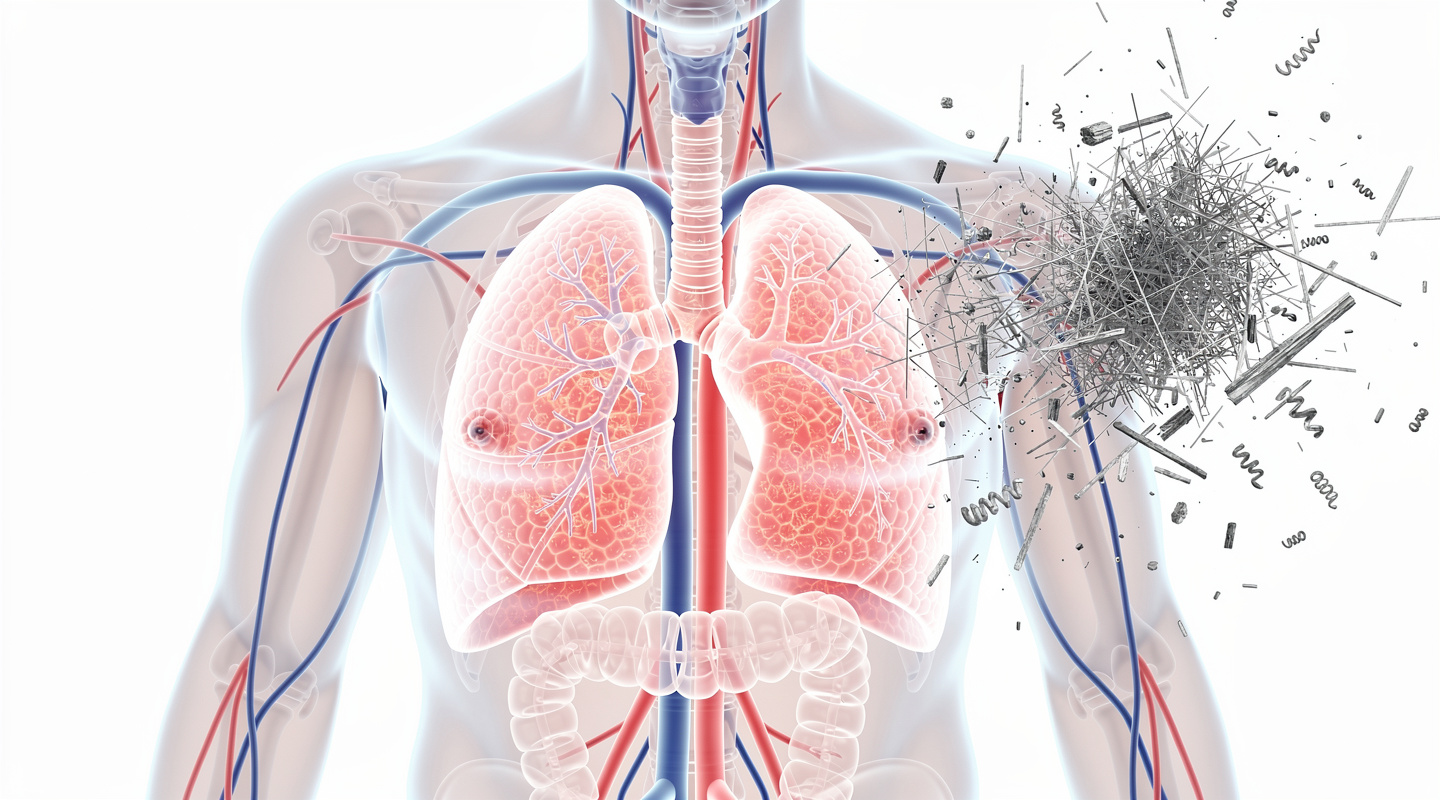 Illustration médicale du système respiratoire humain avec fibres d'amiante microscopiques en suspension