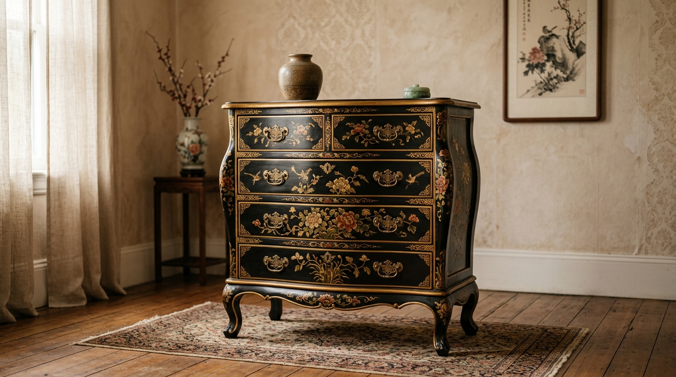 Commode chinoise ancienne laquée avec pieds galbés et motifs floraux dorés Commode chinoise ancienne laquée avec pieds galbés et motifs floraux dorés