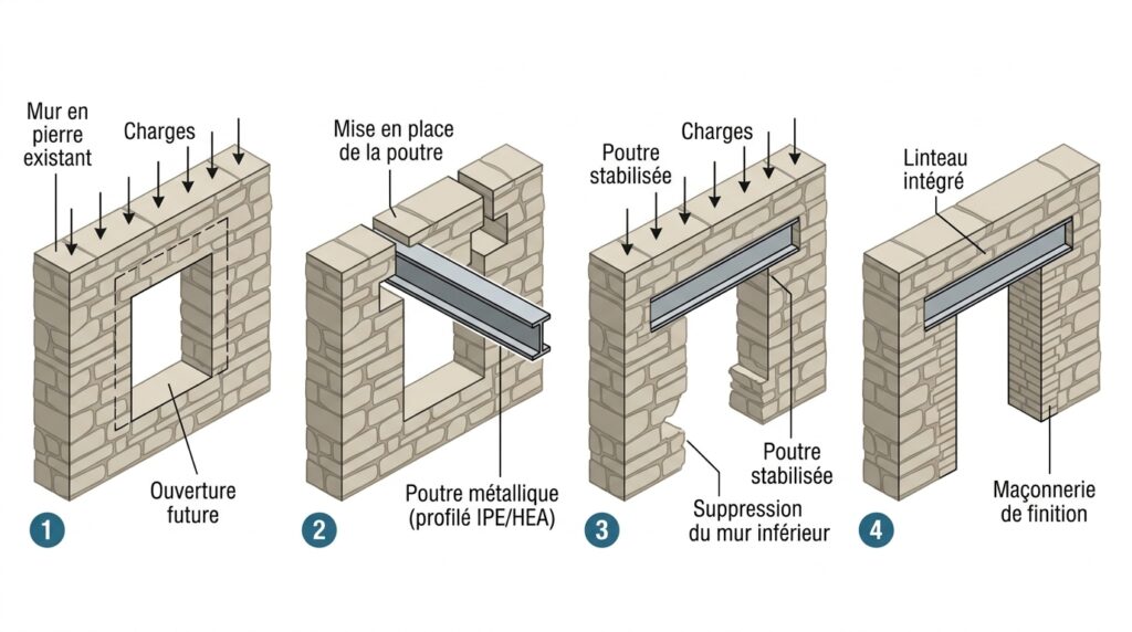 IPN ou HEA en acier pour l'ouverture d'un mur en pierre sans étais