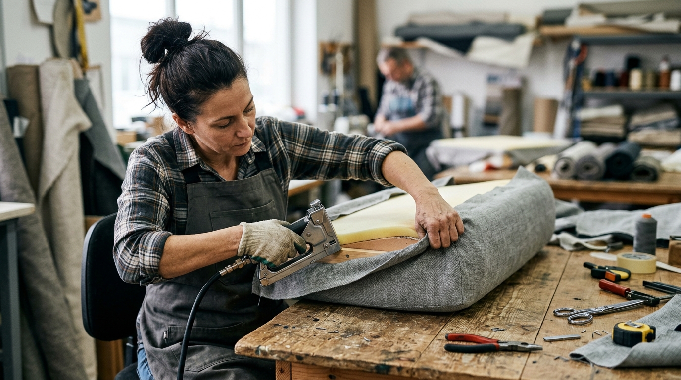 Personne qui tend et agrafe un tissu gris sur l'armature d'un coussin de canapé Personne qui tend et agrafe un tissu gris sur l'armature d'un coussin de canapé