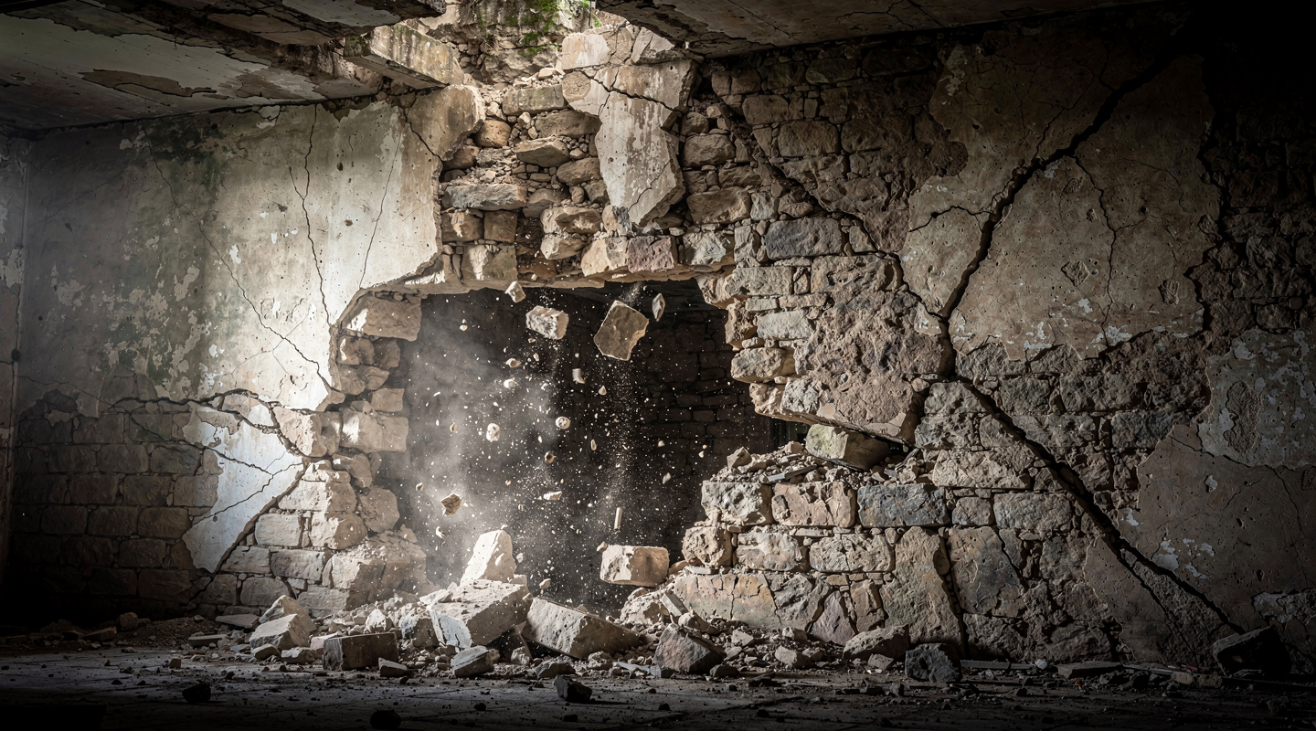 Mur en pierre partiellement démoli avec fissures structurelles dangereuses et mortier qui s'effrite