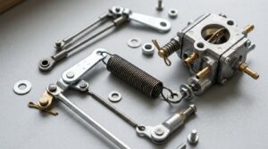 Ressort régulateur et tiges de carburateur d'un petit moteur Briggs Stratton sur établi