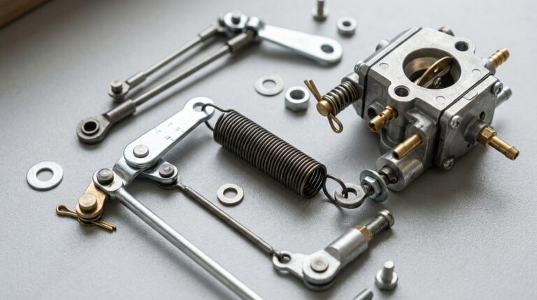 Ressort régulateur et tiges de carburateur d'un petit moteur Briggs Stratton sur établi