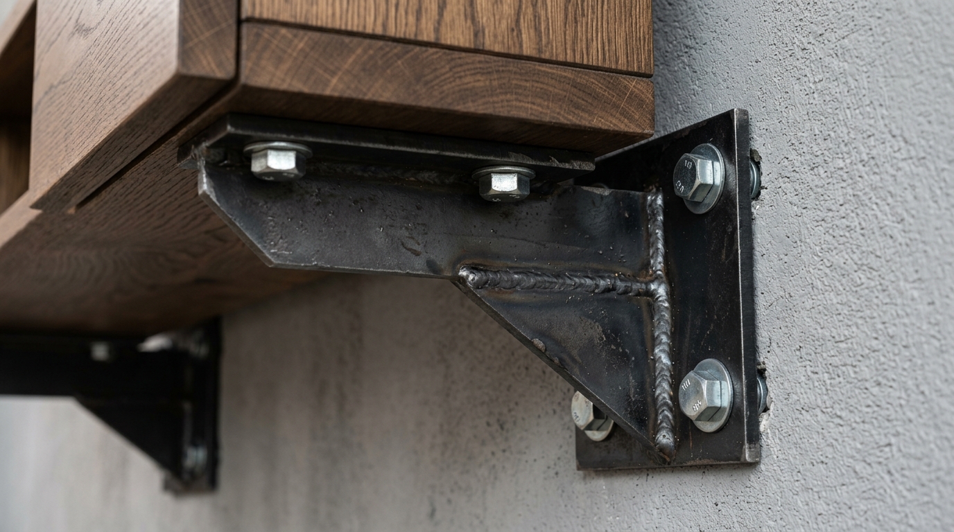 Supports métalliques robustes fixant un meuble TV flottant au mur avec coins renforcés Supports métalliques robustes fixant un meuble TV flottant au mur avec coins renforcés