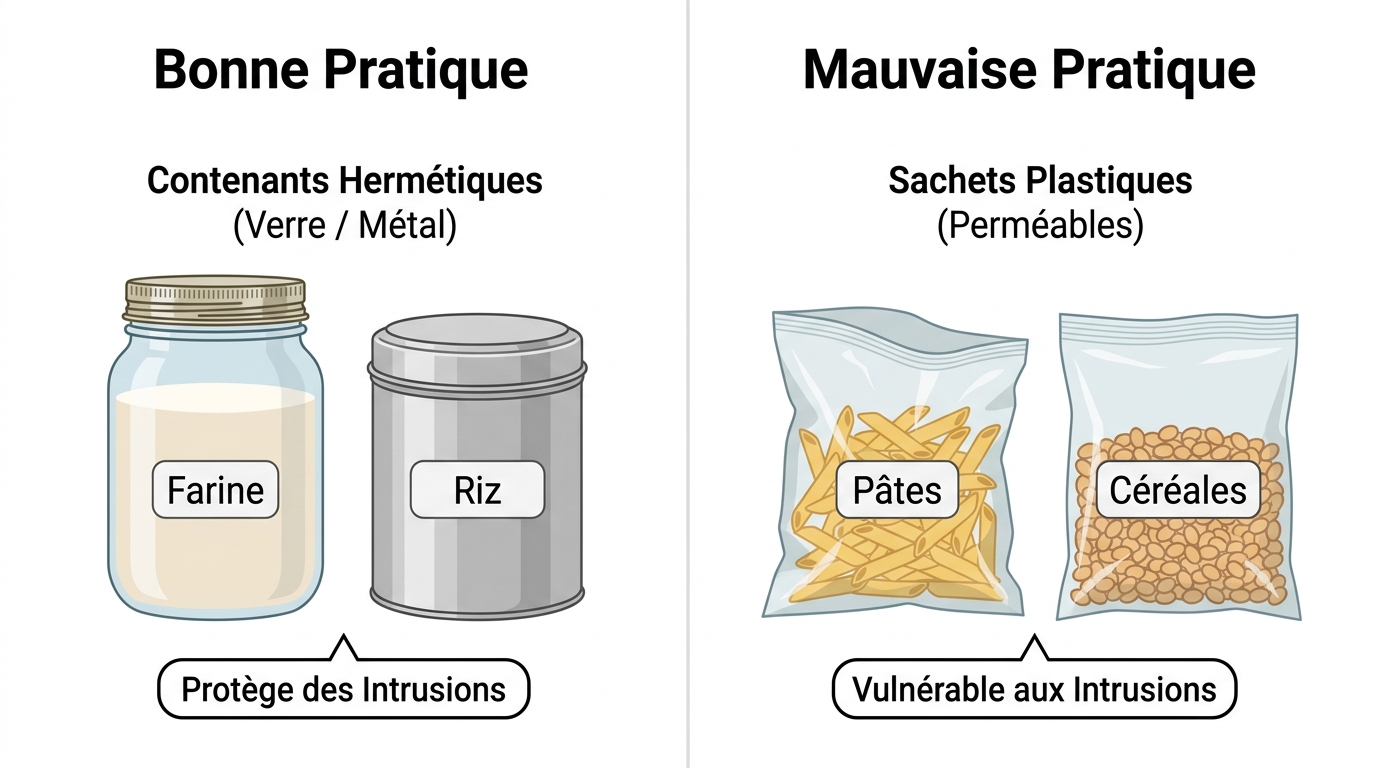 Stockez les céréales dans des contenants hermétiques en verre ou en métal Stockez les céréales dans des contenants hermétiques en verre ou en métal