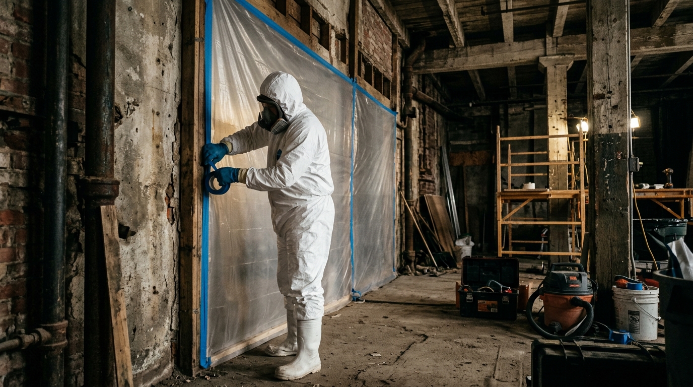 Ouvrier en combinaison blanche et masque respiratoire contre l'amiante scellant une zone avec du plastique de protection