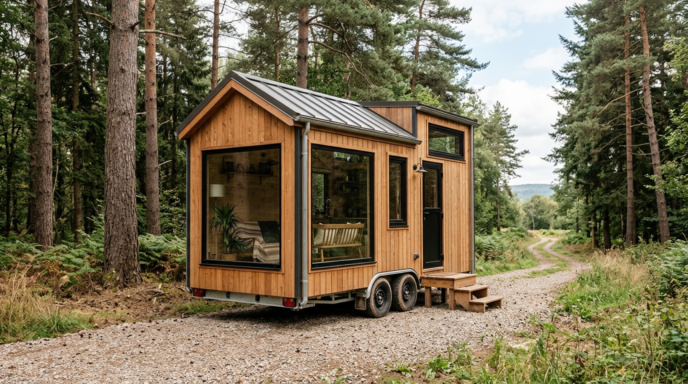 Tiny house sur roues en bois avec grandes fenêtres garée sur chemin de gravier en forêt Tiny house sur roues en bois avec grandes fenêtres garée sur chemin de gravier en forêt