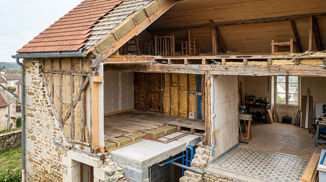 Coupe transversale d'une maison ancienne pouvant contenir de l'amiante