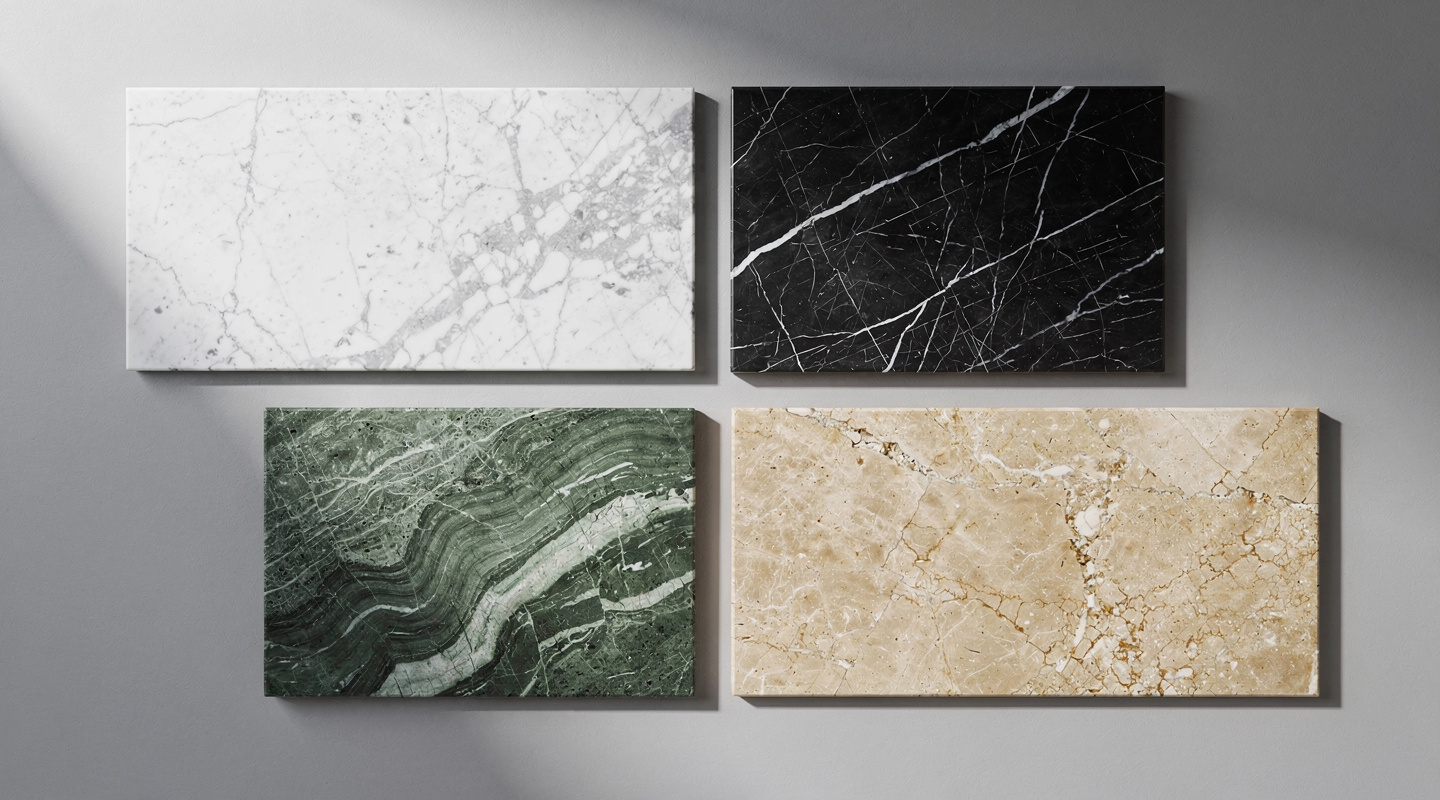 Échantillons de marbre Carrara blanc, Marquina noir, Verde vert et Emperador beige côte à côte Échantillons de marbre Carrara blanc, Marquina noir, Verde vert et Emperador beige côte à côte