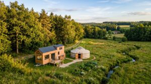 Tiny house en bois et yourte traditionnelle côte à côte sans permis