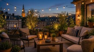Terrasse conviviale avec lanternes et cendriers pour l'ambiance