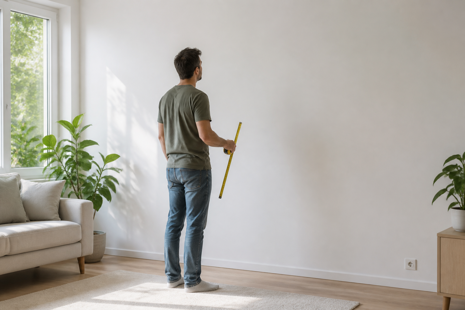 Personne mesurant un grand mur blanc vide dans un salon lumineux et minimaliste Personne mesurant un grand mur blanc vide dans un salon lumineux et minimaliste