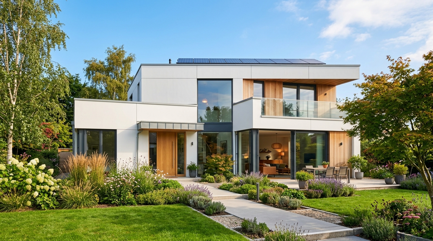 Maison moderne blanche à grands vitrages construite en panneaux sandwich entourée d'un jardin verdoyant Maison moderne blanche construite en panneaux sandwich