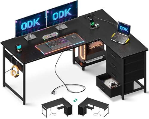 Bureau d'Angle avec Tiroirs et Prises USB