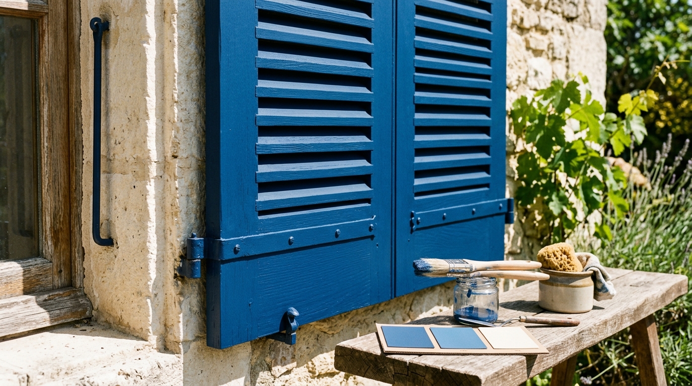 Volets en bois peints avec des échantillons de peinture et pinceaux au soleil d'été Volets en bois peints avec des échantillons de peinture et pinceaux au soleil d'été