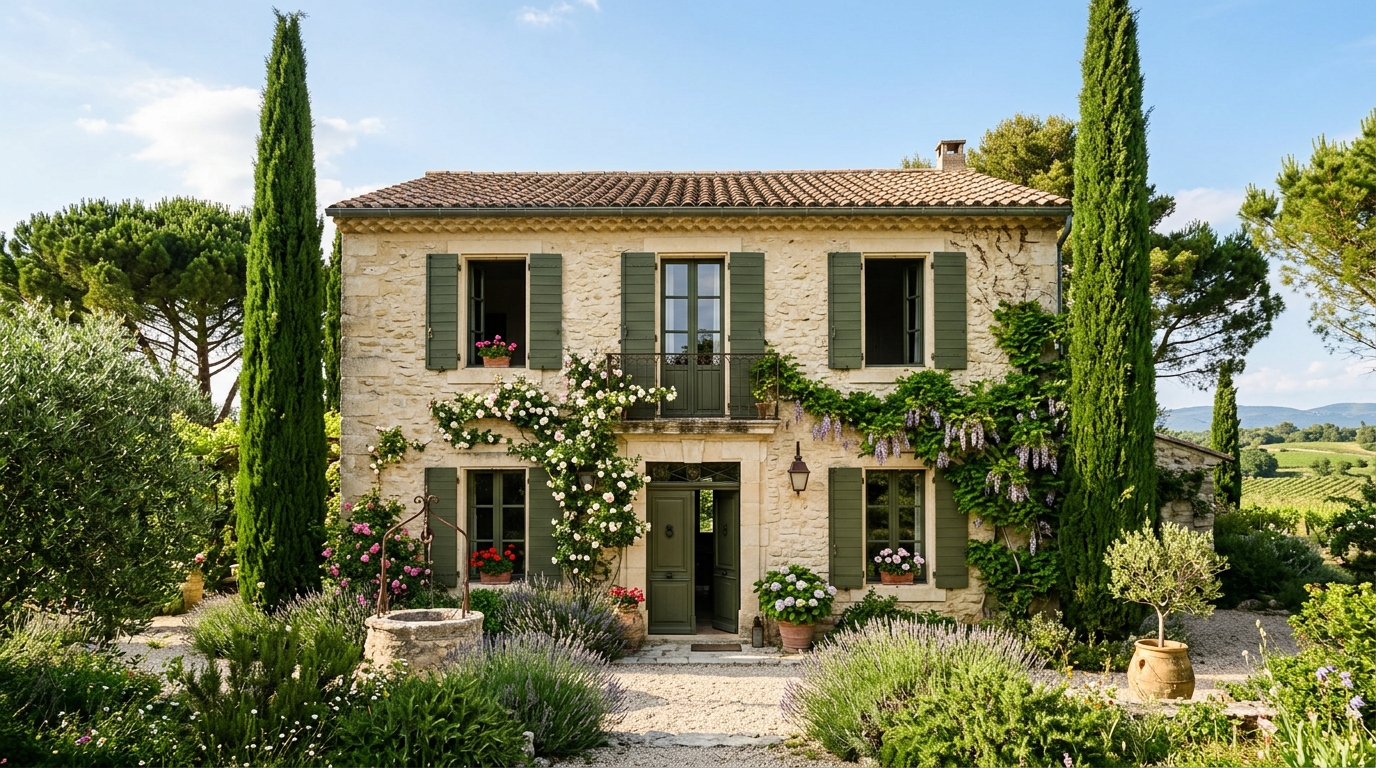 Façade provençale en calcaire crème avec volets vert olive foncé et cyprès Façade provençale en calcaire crème avec volets vert olive foncé et cyprès