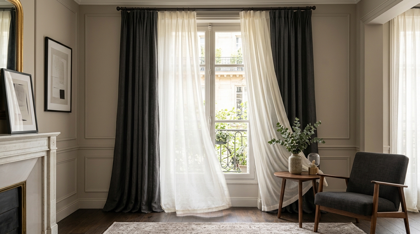 Fenêtre habillée d'un voilage ivoire devant un rideau occultant gris anthracite élégamment superposés Fenêtre habillée d'un voilage ivoire devant un rideau occultant gris anthracite élégamment superposés