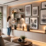 Comment créer une décoration murale réussie ? Personne arrangeant une galerie murale avec cadres, sculptures et plantes dans un salon moderne