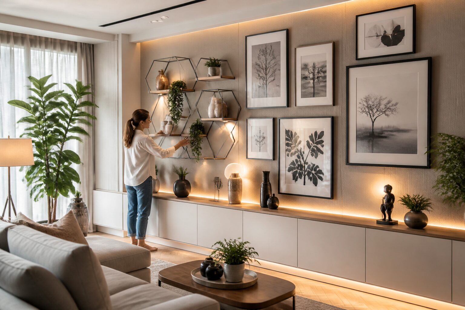Comment créer une décoration murale réussie ? Personne arrangeant une galerie murale avec cadres, sculptures et plantes dans un salon moderne