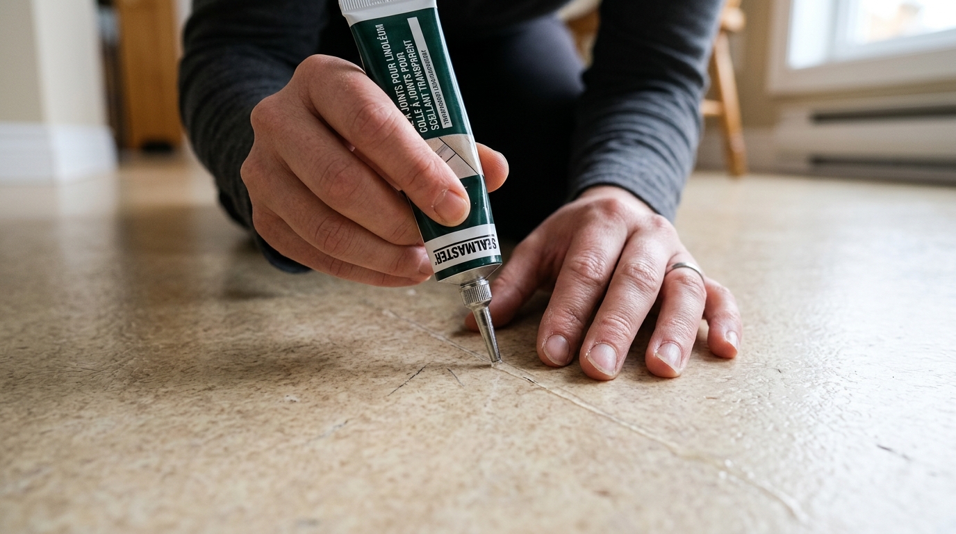 Mains appliquant un joint transparent sur une rayure fine d'un lino beige Mains appliquant un joint transparent sur une rayure fine d'un lino beige