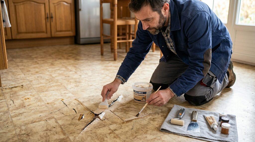 Comment réparer du lino abîmé ? Artisan à genoux réparant une rayure sur un sol en lino abîmé avec de la colle