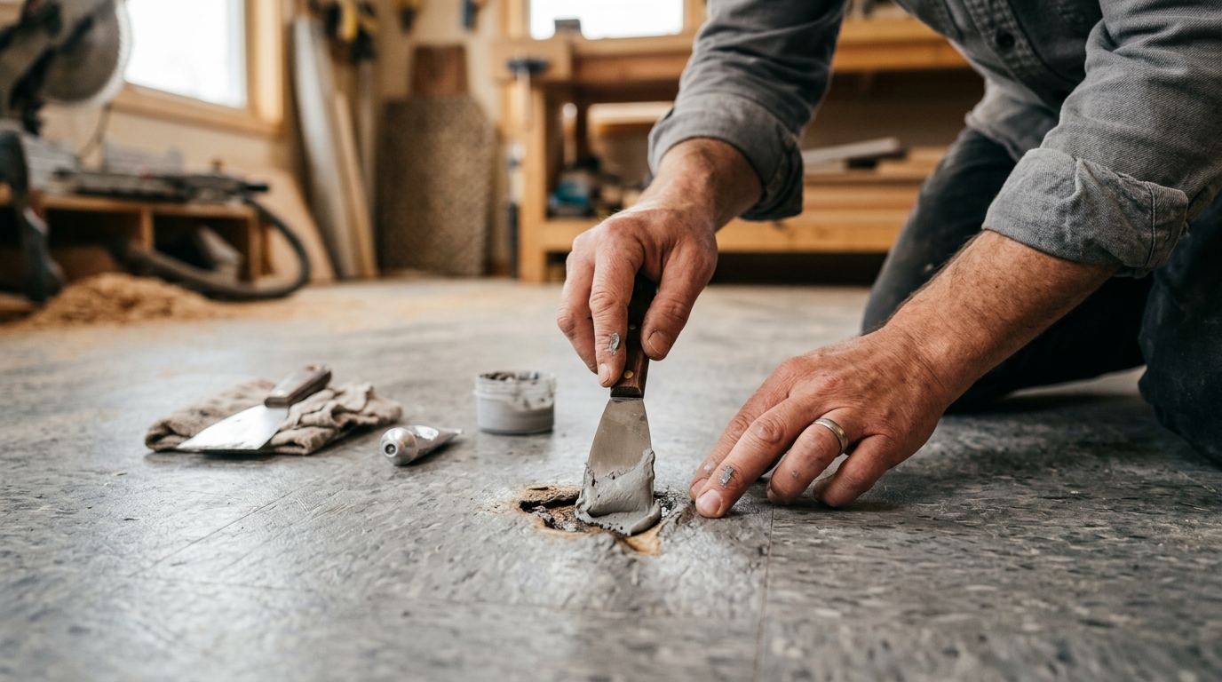 Mains appliquant un mastic gris avec une spatule sur un trou brûlé dans du lino Mains appliquant un mastic gris avec une spatule sur un trou brûlé dans du lino