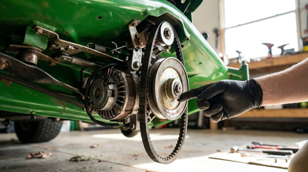 Mécanicien gantée inspectant le mécanisme d'embrayage de lame sous un tracteur tondeuse vert