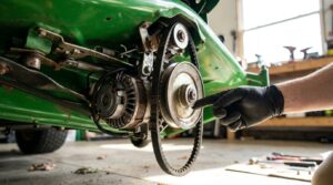 Mécanicien gantée inspectant le mécanisme d'embrayage de lame sous un tracteur tondeuse vert