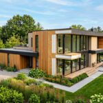 Construire un maison en panneaux sandwich : quels sont les avantages ? Maison moderne construite en panneaux sandwich avec grandes baies vitrées et architecture contemporaine