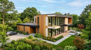 Maison moderne construite en panneaux sandwich avec grandes baies vitrées et architecture contemporaine