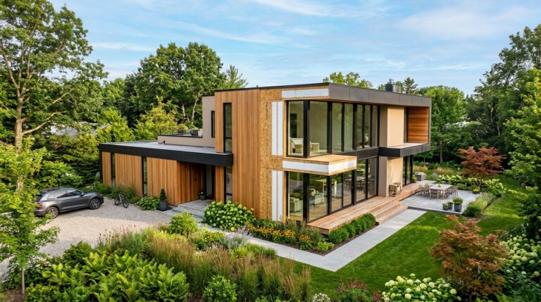 Maison moderne construite en panneaux sandwich avec grandes baies vitrées et architecture contemporaine