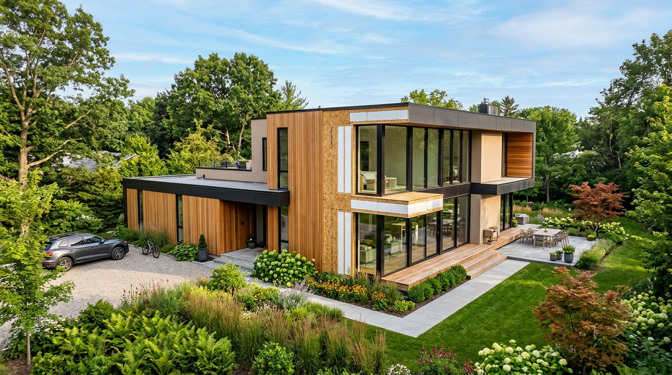 Maison moderne construite en panneaux sandwich avec grandes baies vitrées et architecture contemporaine