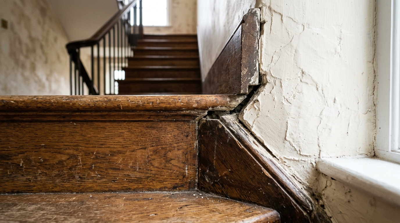 Angle complexe d'une jonction entre un mur et une contremarche d'escalier en bois Angle complexe d'une jonction entre un mur et une contremarche d'escalier en bois