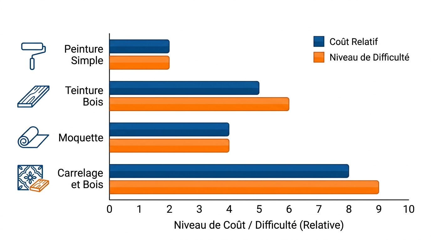 Graphique à barres comparant coût et difficulté de quatre options de finition d'escalier