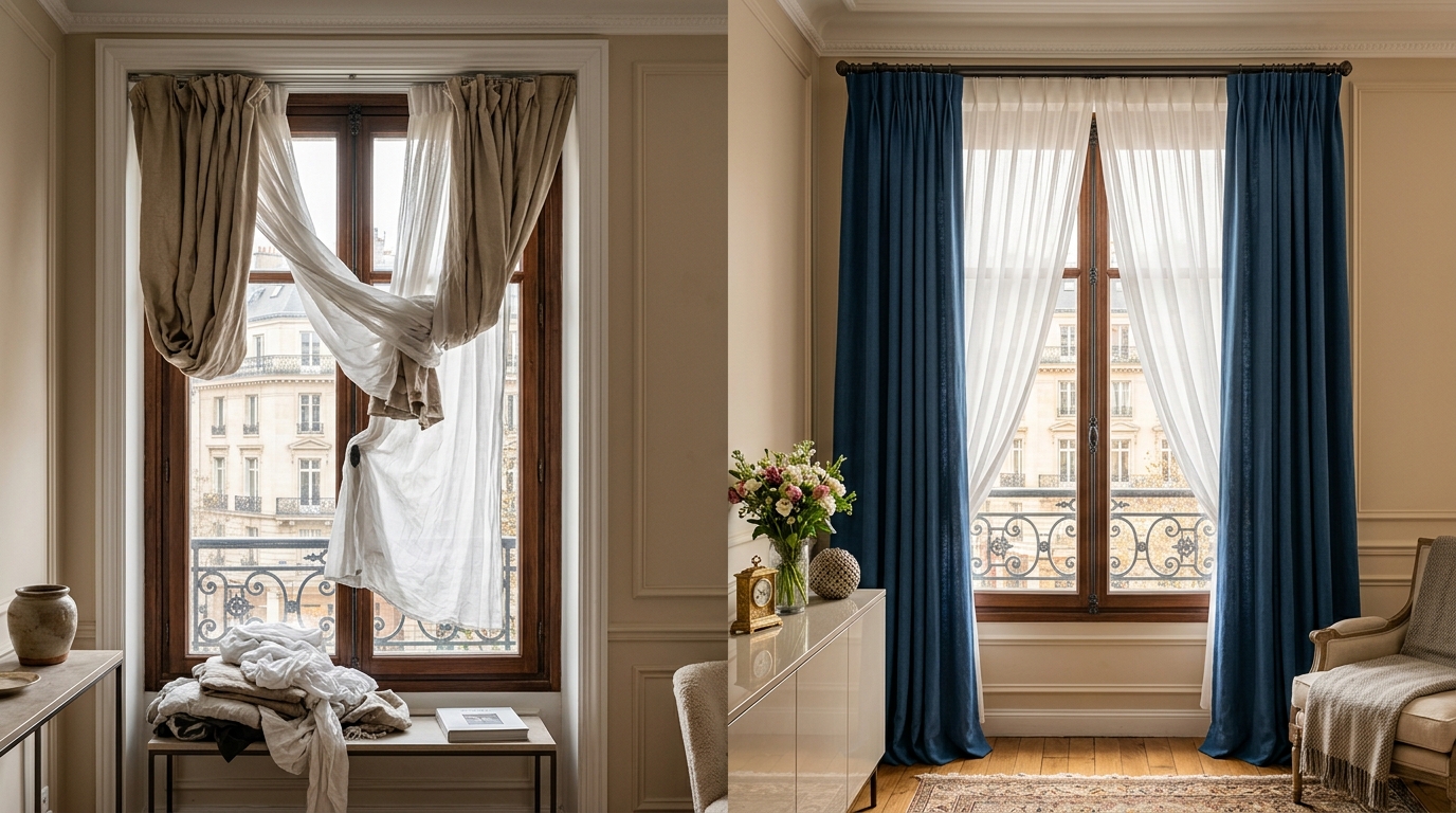 Comparaison d'une fenêtre avec rideaux froissés et d'une fenêtre aux rideaux parfaitement drapés Comparaison d'une fenêtre avec rideaux froissés et d'une fenêtre aux rideaux parfaitement drapés