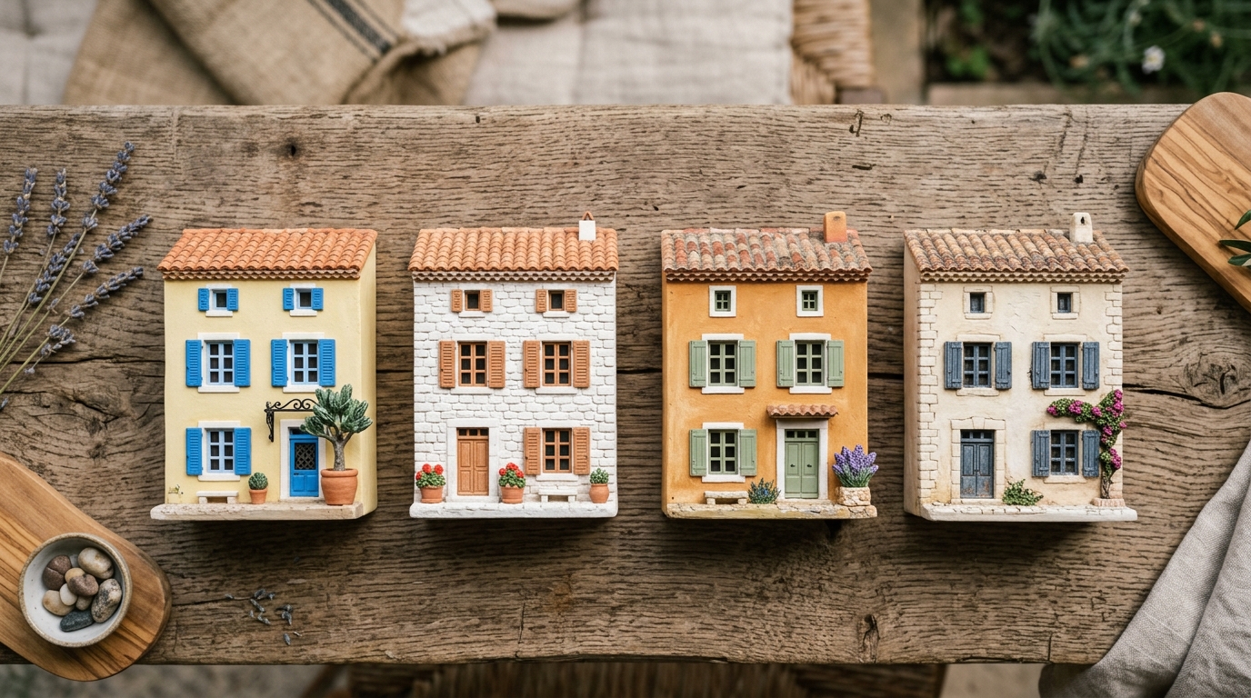 Quatre miniatures de maisons provençales illustrant des associations façade-volets réussies sur bois rustique Quatre miniatures de maisons provençales illustrant des associations façade-volets réussies sur bois rustique