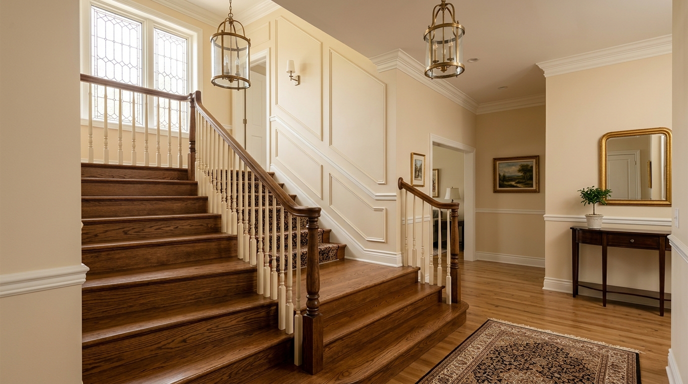 Escalier en bois avec moulures élégantes et peinture harmonieuse dans un intérieur chaleureux Escalier en bois avec moulures élégantes et peinture harmonieuse dans un intérieur chaleureux