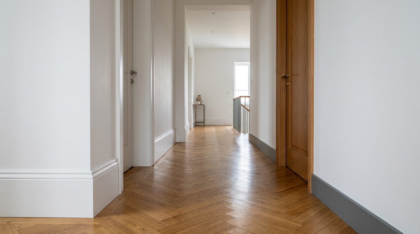 Couloir aux murs blancs et parquet avec plinthes de hauteurs et couleurs variées