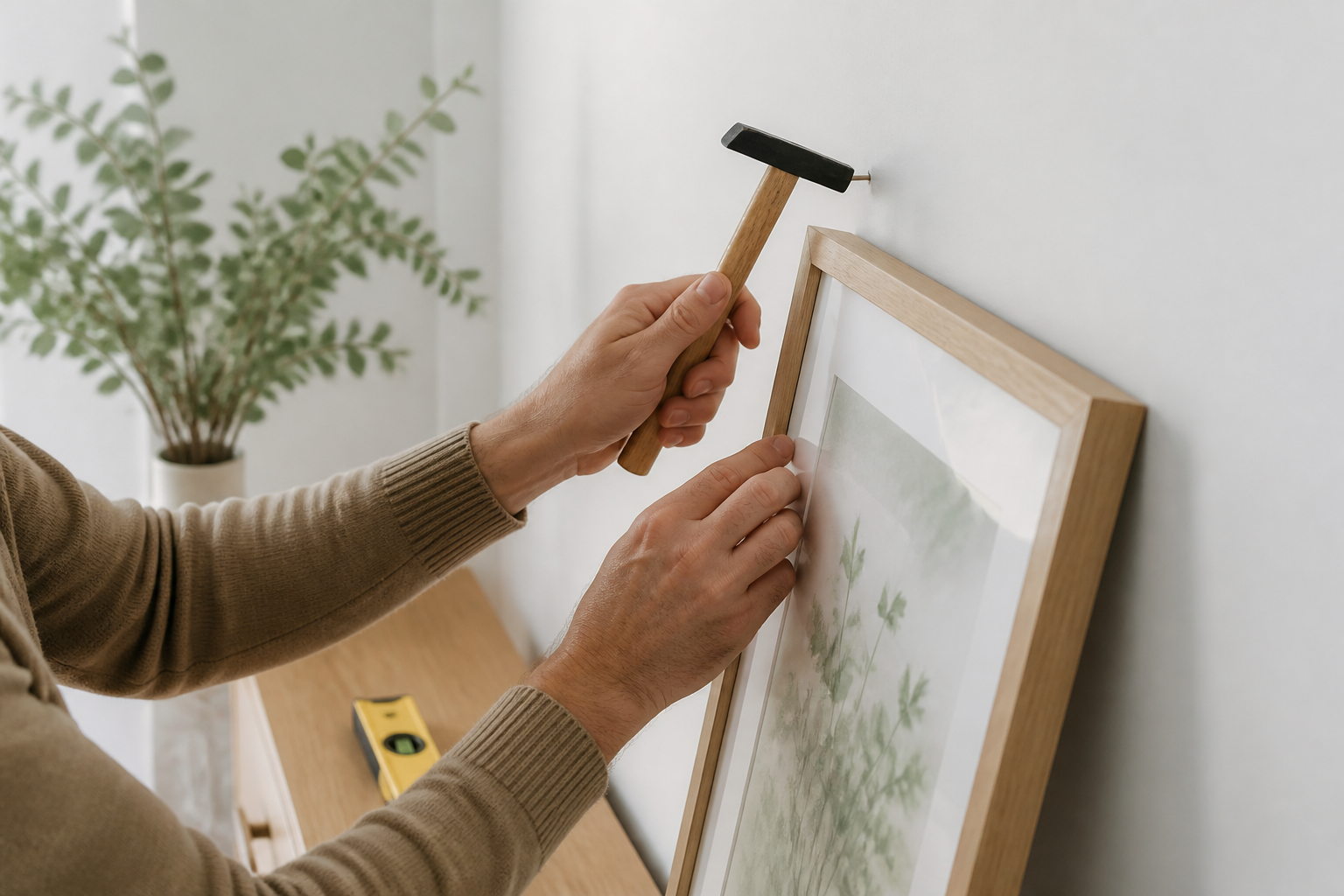 Mains accrochant un cadre au mur avec un marteau et un clou Mains accrochant un cadre au mur avec un marteau et un clou