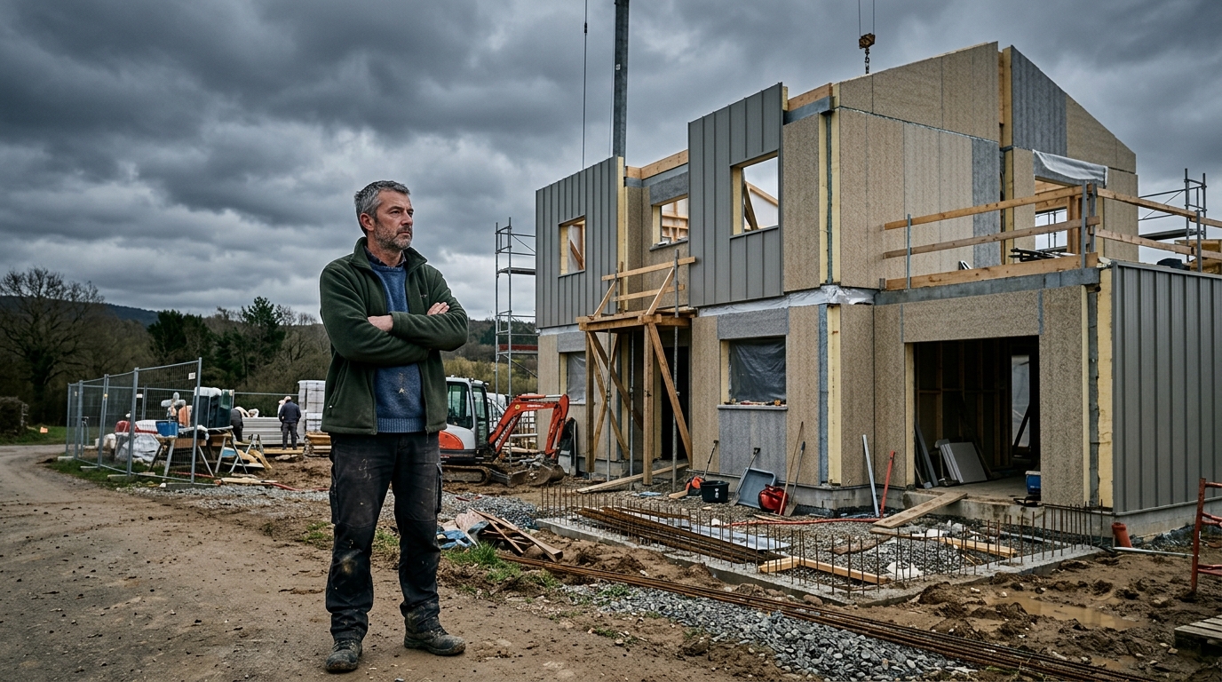 Propriétaire pensif devant un chantier de construction en panneaux sandwich inachevé Propriétaire pensif devant un chantier de construction en panneaux sandwich inachevé