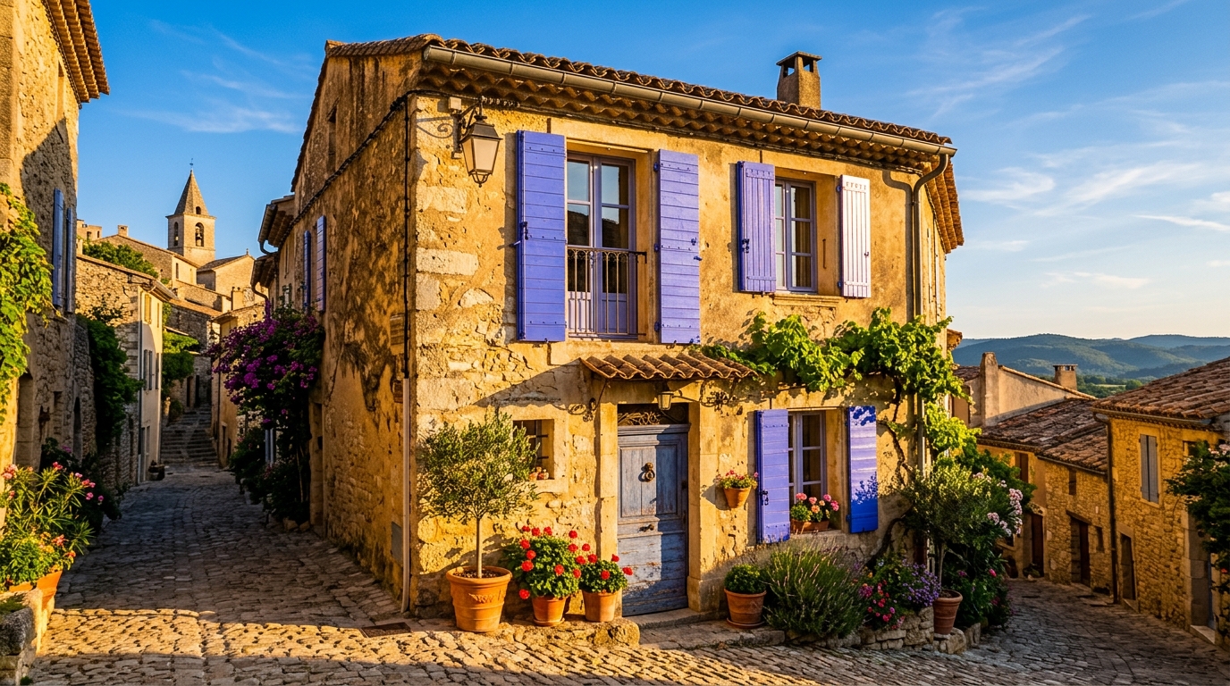 Maison provençale aux volets colorés baignée dans une lumière méditerranéenne dorée intense Maison provençale aux volets colorés baignée dans une lumière méditerranéenne dorée intense