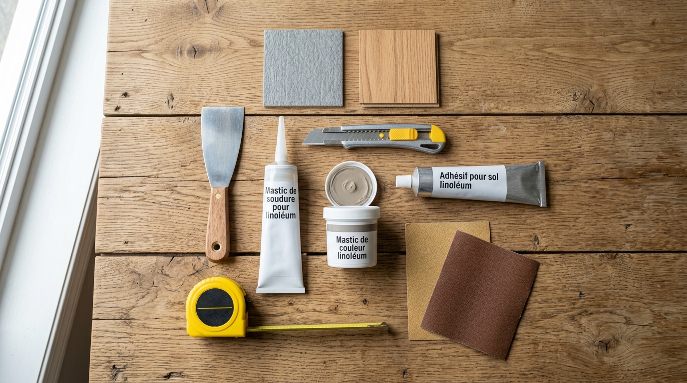 Outils de réparation de sol en linoléum disposés à plat sur surface en bois Outils de réparation de sol en linoléum disposés à plat sur surface en bois