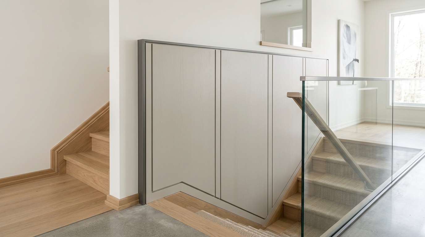 Escalier moderne avec moulures quart-de-rond, panneaux encastrés et profilés métalliques minimalistes Escalier moderne avec moulures quart-de-rond, panneaux encastrés et profilés métalliques minimalistes