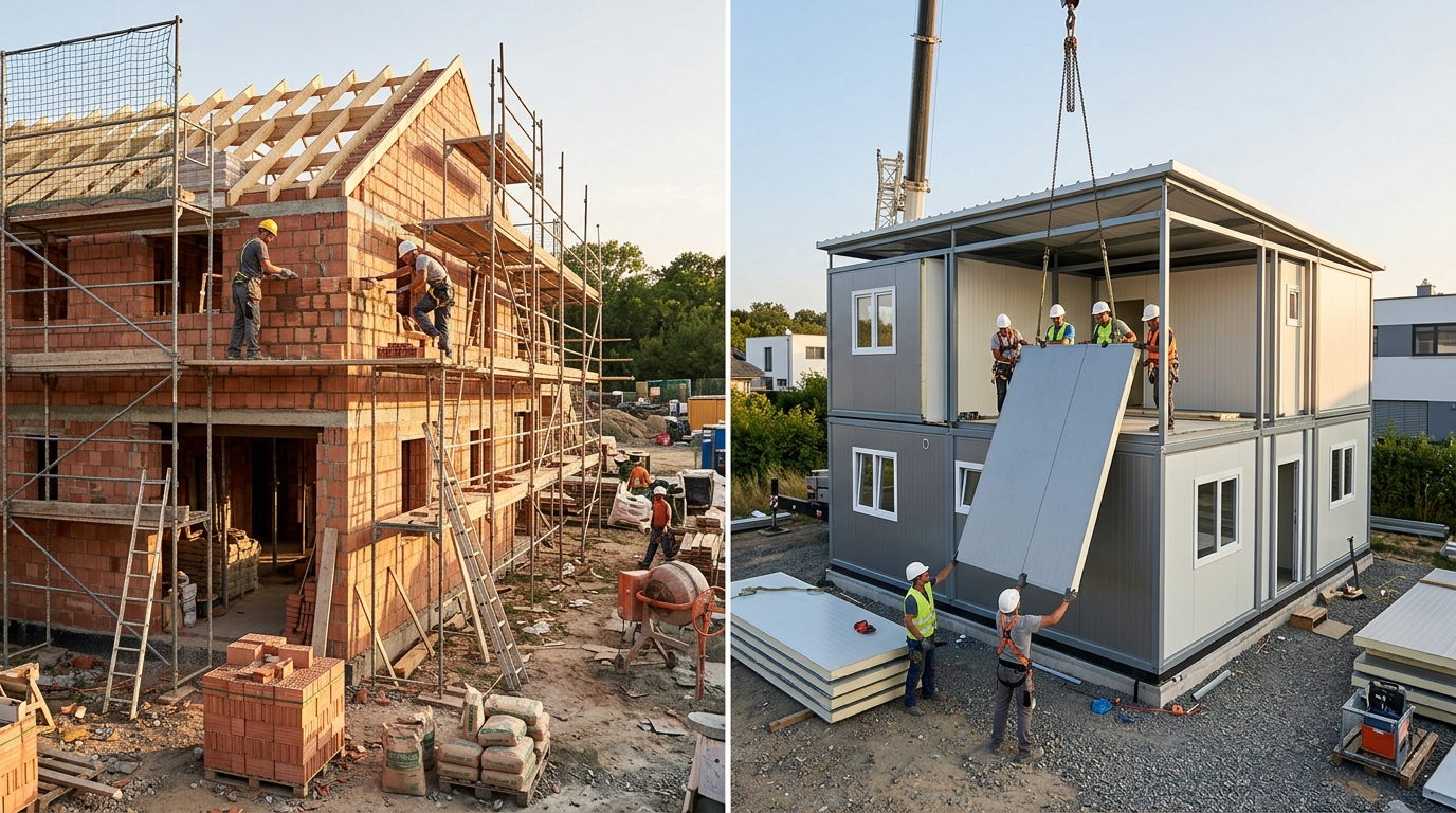 Comparaison entre une maison en briques traditionnelle avec échafaudage et une construction moderne en panneaux sandwich Comparaison entre une maison en briques traditionnelle avec échafaudage et une construction moderne en panneaux sandwich