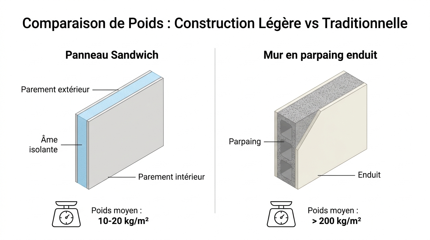 Comparaison de poids d'un panneau sandwich légers et d'un mur en parpaing enduit utilisés en construction Comparaison de poids d'un panneau sandwich légers et d'un mur en parpaing enduit utilisés en construction