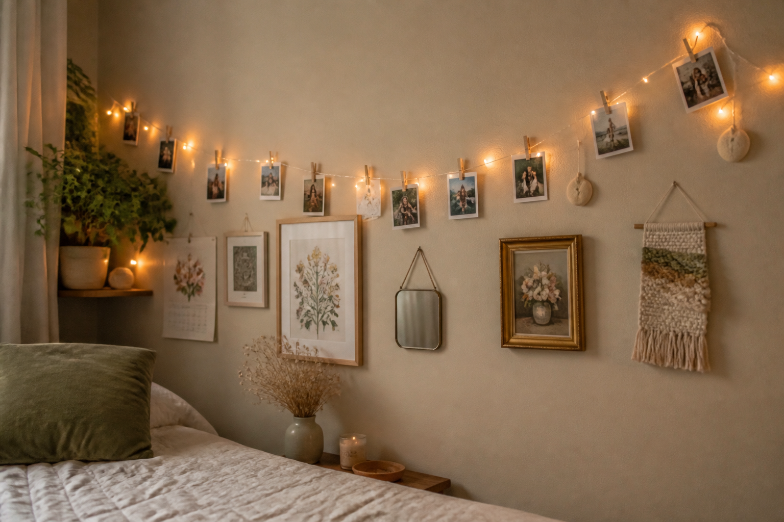 Mur de chambre décoré avec photos sur guirlande lumineuse, cadres vintage et ornements en argile Mur de chambre décoré avec photos sur guirlande lumineuse, cadres vintage et ornements en argile