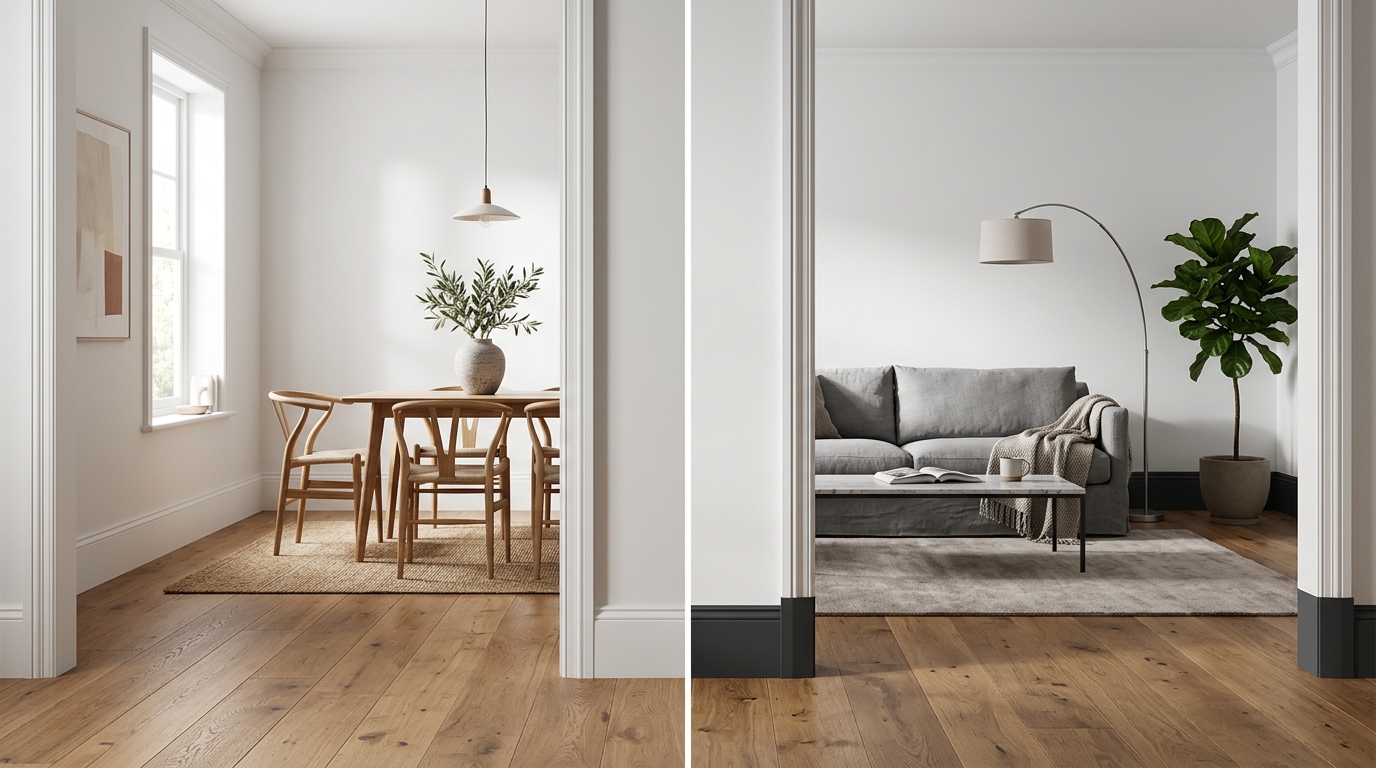 Deux pièces élégantes avec plinthes blanches discrètes et plinthes anthracite contrastées